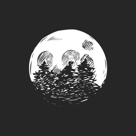 Pine tree silhouettes on full moon background.のイラスト素材