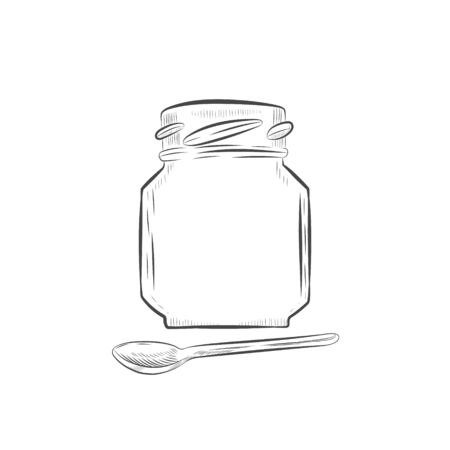 Outline jar and spoon hand drawn illustration isolated on white background.のイラスト素材