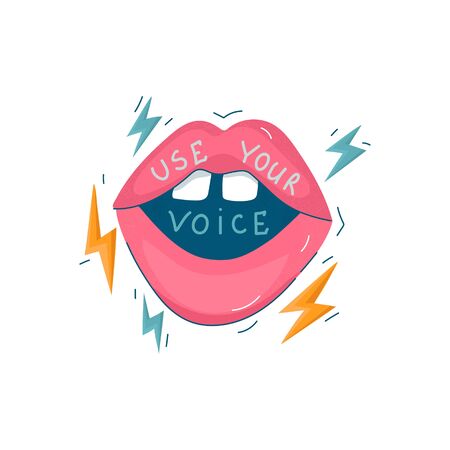 Feminist movement propaganda poster element. Use your voice. Glass ceiling and domestic violence concept. Motivational quote for female rights fighters.のイラスト素材