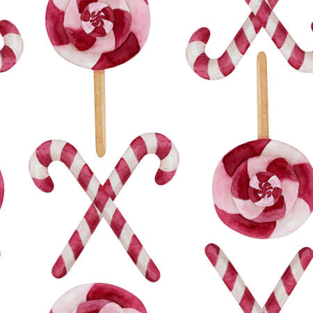 Christmas candy watercolor seamless pattern. Red and white holiday sweets endless background.の写真素材
