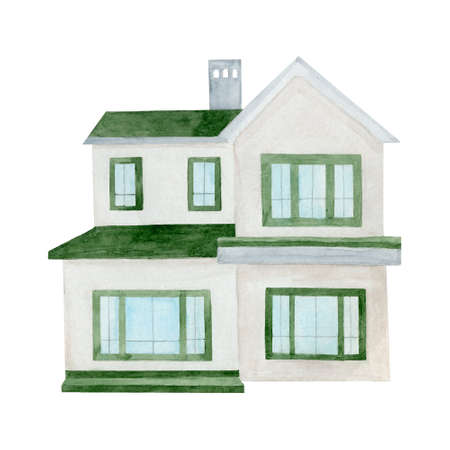 White house with green roof watercolor illustration. Hand painted home building isolated on white background.の写真素材