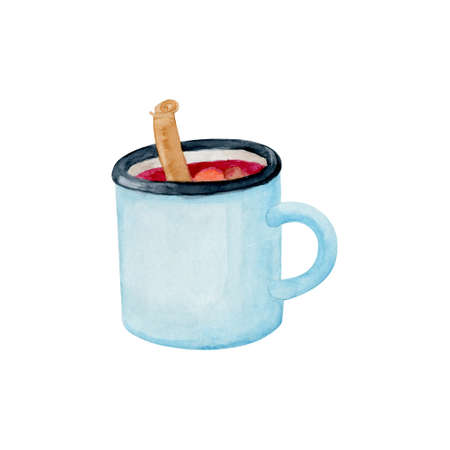 Blue travel mug with mulled wine drink and cinnamon stick watercolor clipart. Hand painted red hot drink mug isolated on white background.の写真素材