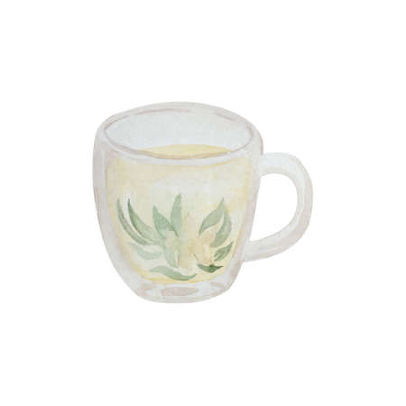 Herbal tea glass cup watercolor illustration. Hand painted green tea mug isolated on white background.の写真素材