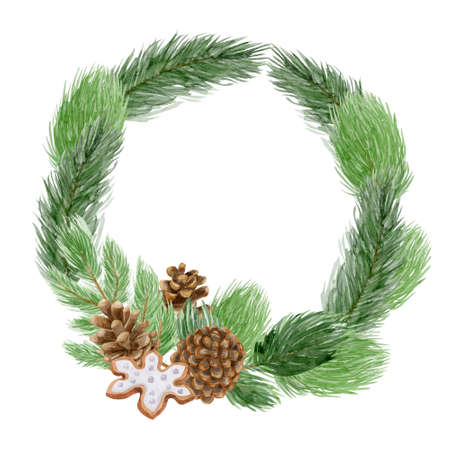 Christmas chaplet with pine cones and branches watercolor illustration. Hand painted holiday wreath with christmas cookie isolated on white background.の写真素材