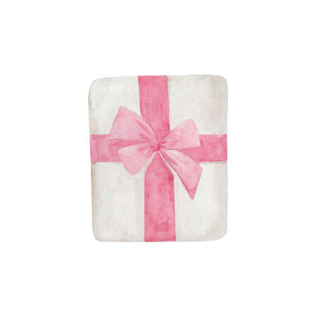 White present with pink ribbon watercolor illustration. Hand painted christmas gift wrapped isolated on white background.の写真素材