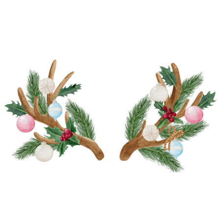 Antler horns decorated with fir branch, holly and christmas balls watercolor illustration. Hand painted christmas deer horns isolated on white background.の写真素材