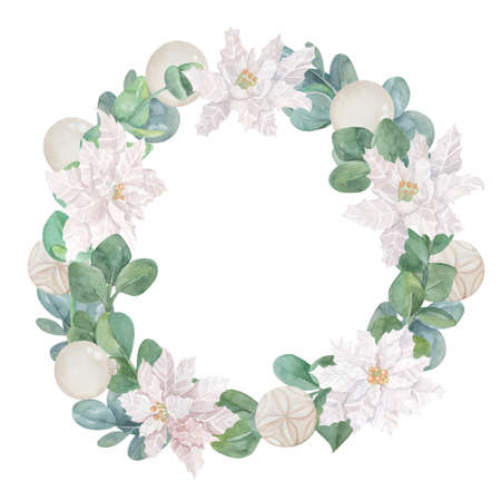 Christmas chaplet with poinsettia and eucalyptus watercolor illustration. Hand painted holiday wreath with christmas flower isolated on white background.の写真素材