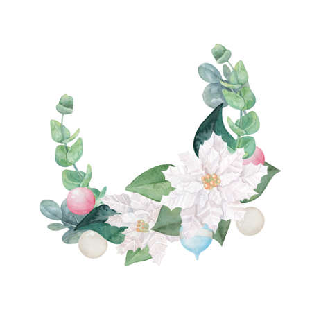 Christmas decorative frame with poinsettia, eucalyptus and tree balls watercolor illustration. Holiday botanical wreath isolated on white background.の写真素材