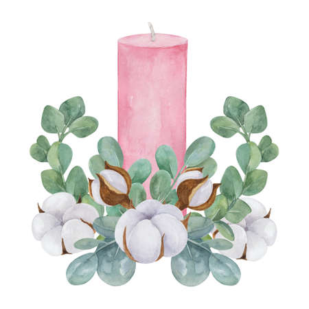 Pink candle decorated with eucalyptus and cotton watercolor illustration. Hand painted holiday composition isolated on white background.の写真素材