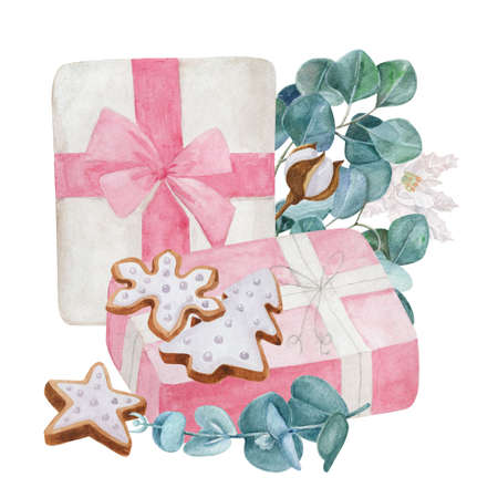 Christmas presents decorated with eucalyptus and cookies watercolor illustration. Hand painted wrapped gifts with ribbons isolated on white background.の写真素材