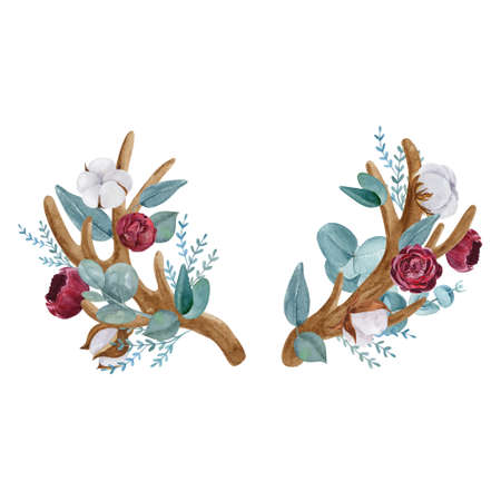 Antler horns decorated with eucalyptus and peonies watercolor illustration. Hand painted boho deer horns decorated with botanical elements isolated on white background.の写真素材