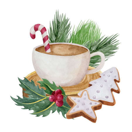 Christmas coffee cup with ginger cookies and candy watercolor illustration. White mug with coffee drink decorated with holly and fir tree branch isolated on white background.の写真素材