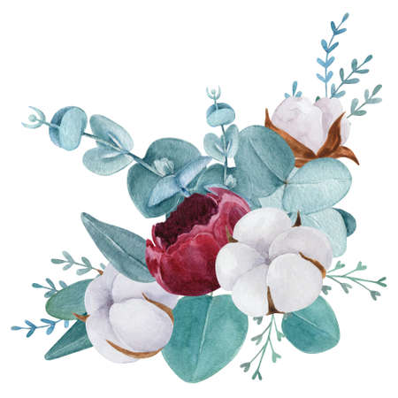 Beautiful botanical bouquet watercolor illustration. Peony, eucalyptus, poinsettia, cotton isolated on white background.の写真素材
