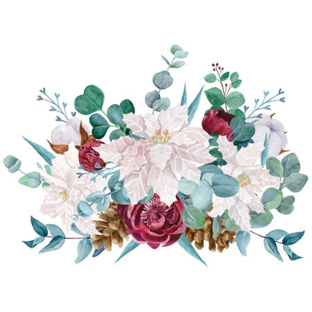 Beautiful botanical bouquet watercolor illustration. Peony, eucalyptus, poinsettia, cotton isolated on white background.の写真素材