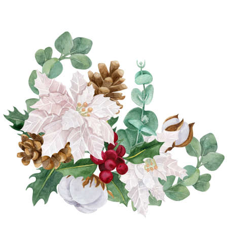 Christmas botanical border watercolor illustration. Holly, cotton and poinsettia isolated on white background.の写真素材