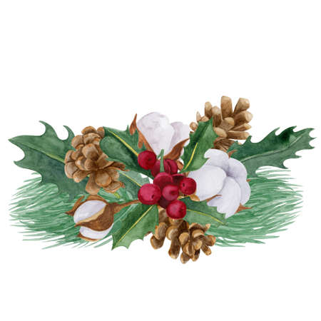Christmas botanical border watercolor illustration. Holly, cotton, pine cone and fir tree branch isolated on white background.の写真素材