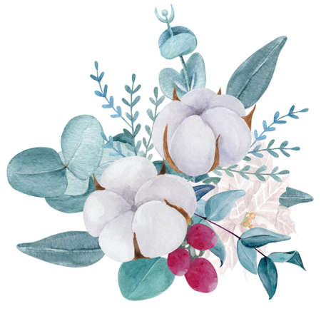 Beautiful botanical bouquet watercolor illustration. Eucalyptus, poinsettia, cotton isolated on white background.の写真素材
