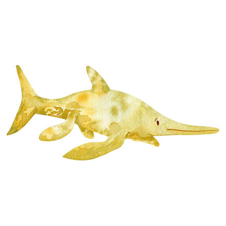 Yellow marine dinosaur clip-art isolated on white background. Swimming dino isolated on white background.の写真素材