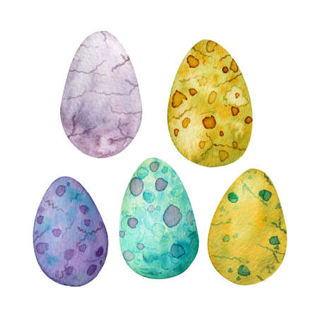 Colorful eggs watercolor clip-art collection. Hand-painted eggs of dinosaurs isolated on white background.の写真素材
