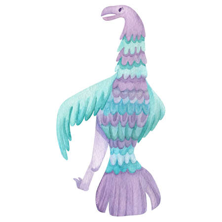 Bird-like dinosaur clip-art watercolor illustration. Purple dino with wings isolated on white background.の写真素材