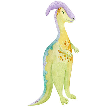 Cute dinosaur clip-art watercolor illustration. Dino with wings isolated on white background.の写真素材