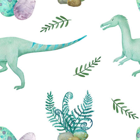 Dinosaurs and fern leaves seamless pattern. Watercolor tropical foliage endless background. Watercolor predator dinosaurs in laves for children fabrics and surface design.の写真素材