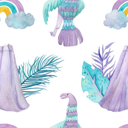 Dinosaur and Rainbow Seamless Pattern. Feathered Dino and vulcan. Children illustration for surface design. Watercolor hand painted cute dinosaur and tropical leaves.の写真素材