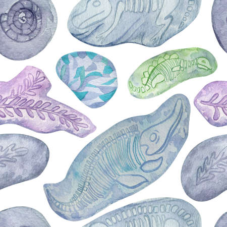 Colorful fossils clip-art watercolor seamless pattern. Cute paleontology pattern for children...