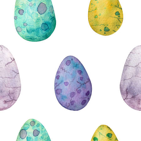 Colorful egg clip-art watercolor seamless pattern. Dino eggs hand painted endless background.の写真素材