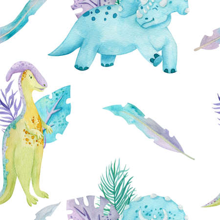 Blue dinosaur clip-art with tropical leaves watercolor seamless pattern. Dino endless background. Cute pattern for children textile.の写真素材