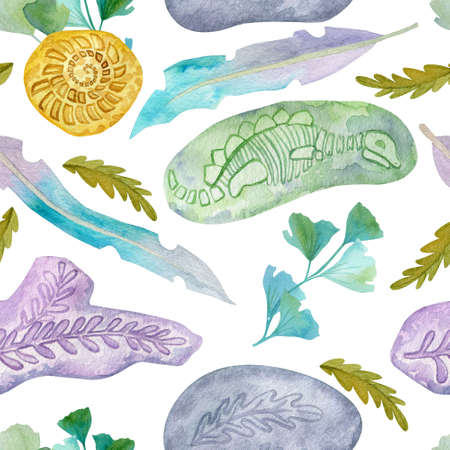 Colorful fossils clip-art watercolor seamless pattern. Cute paleontology pattern for children textile.の写真素材