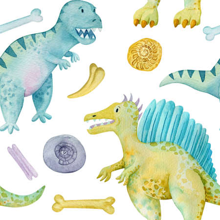 Toothy dinosaur clip-art with tropical leaves watercolor seamless pattern. Dino endless background. Cute pattern for children textile.の写真素材
