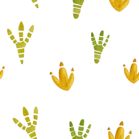 Dinosaur footprints clip-art watercolor seamless pattern. Animal traces hand painted endless background.の写真素材