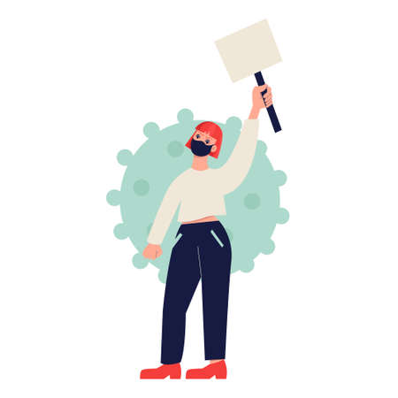 Red-haired woman wearing mask on protest vector illustration. Girl with banner on demonstration isolated on white background.のイラスト素材