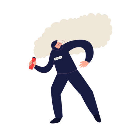Police officer throwing the smoke bomb vector illustration. Law enforcement officer during the riot isolated on white background.のイラスト素材
