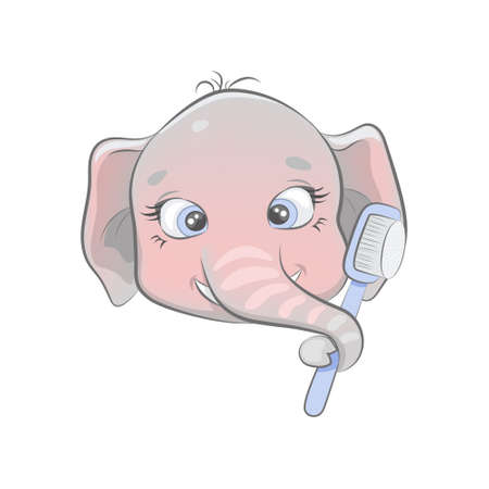 Cute baby elephant face holds a tooth brush isolated on whiteのイラスト素材