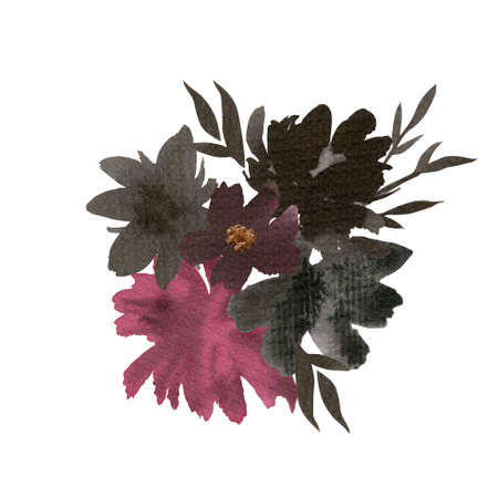 Hand painted black ink flowers bouquet illustration. Watercolor botanical composition isolated on white background. Wedding invitation design.の写真素材