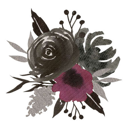 Hand painted black ink flowers bouquet illustration. Watercolor botanical composition isolated on white background. Wedding invitation design.の写真素材