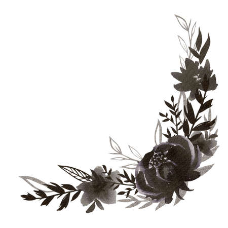 Hand painted black ink flower arrangement illustration. Watercolor botanical composition isolated on white background. Wedding invitation design.の写真素材