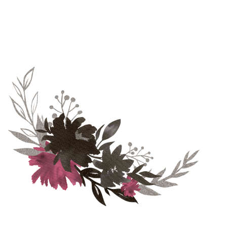 Hand painted black ink flower arrangement illustration. Watercolor botanical composition isolated on white background. Wedding invitation design.の写真素材
