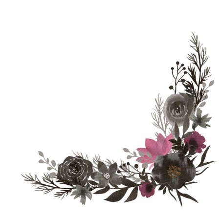 Hand painted black ink flower arrangement illustration. Watercolor botanical composition isolated on white background. Wedding invitation design.の写真素材