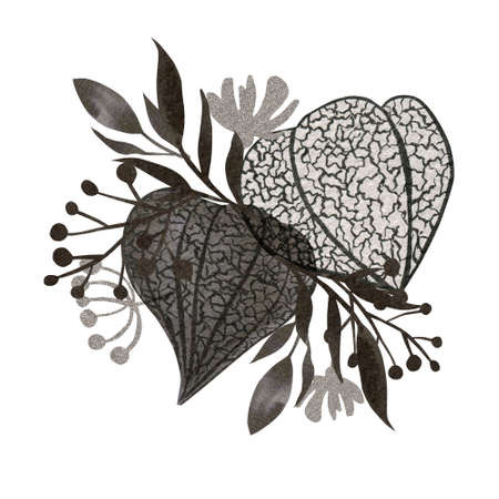 Hand painted black ink physalis border illustration. Watercolor botanical composition with cape gooseberry isolated on white background. Wedding invitation design.の写真素材