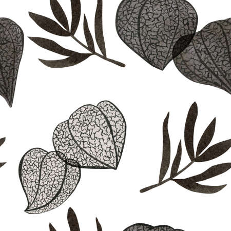 Physalis seamless pattern. Hand painted botanical surface design pattern. Monochrome plant endless background.の写真素材