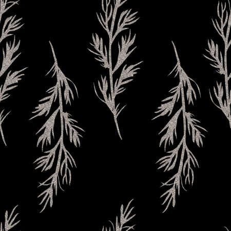Hand painted botanical seamless pattern. Silver plant twigs on dark background.の写真素材