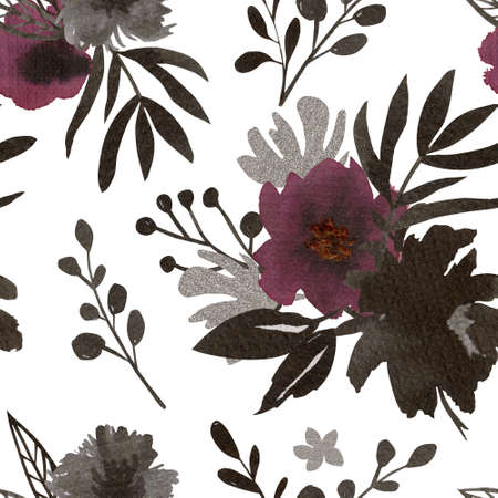 Floral seamless pattern. Hand painted botanical surface design pattern. Freehand flowers on white background seamless pattern.の写真素材