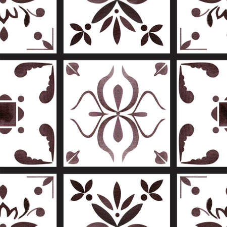 Monochrome tile wall seamless pattern. Hand painted watercolor ornamental tile seamless pattern.の写真素材
