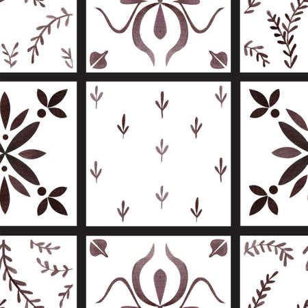 Monochrome tile wall seamless pattern. Hand painted watercolor ornamental tile seamless pattern.の写真素材