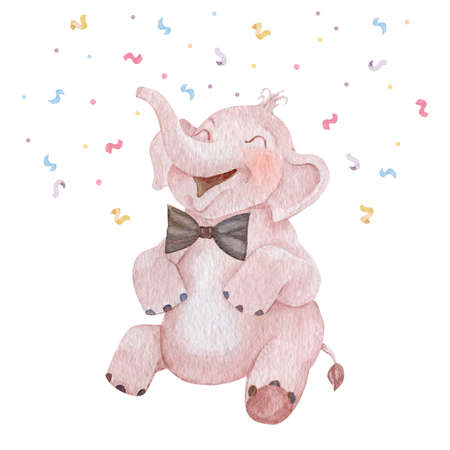 Elephant baby boy laughing watercolor illustration. Children book illustration character. Hand painted party pink elephant isolated on white background.の写真素材