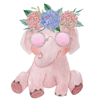 Cute elephant baby girl wearing hydrangea floral wreath watercolor illustration. Children fashion theme. Hand painted pink elephant isolated on white background.の写真素材