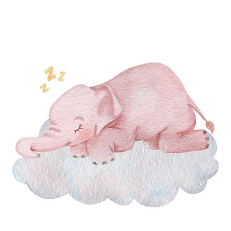 Cute baby elephant sleeping watercolor illustration. Children illustration character. Nursery poster theme. Hand painted pink elephant isolated on white background.の写真素材
